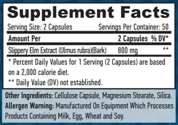 HAYA LABS Slippery Elm 400 мг Екстракт от Червен Бряст - 100 вег капсули, 50 дози