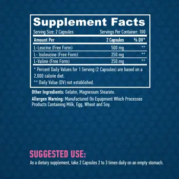 HAYA LABS Sports BCAA 2:1:1 500 мг Левцин, Изолевцин и Валин - 200 капсули, 100 дози