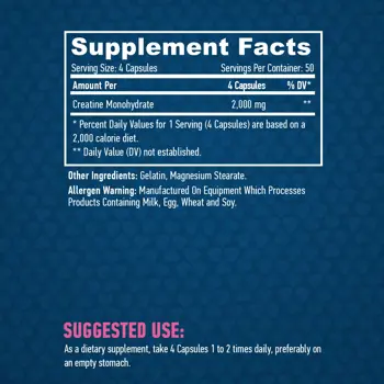 HAYA LABS Sports Creatine Monohydrate 500 мг Креатин Mонохидрат - 200 капсули, 50 дози