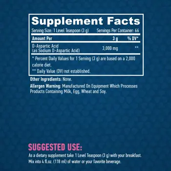 HAYA LABS Sports D-Aspartic Acid 3000 мг D-Аспарагинова Киселина - 200 грама, 66 дози