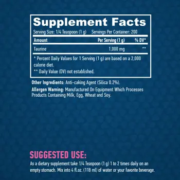 HAYA LABS Sports Taurine 1000 мг Таурин - 200 грама, 200 дози