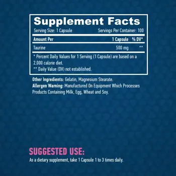 HAYA LABS Taurine 500 мг Таурин - 100 капсули, 100 дози