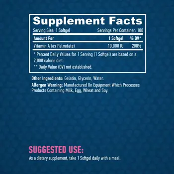 HAYA LABS Vitamin A 10000 IU Витамин A  - 100 гел капсули, 100 дози