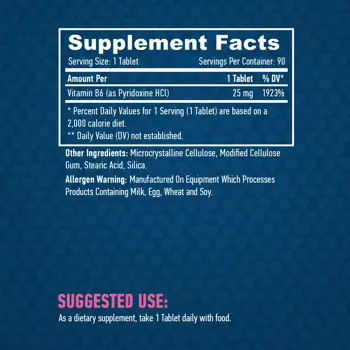 HAYA LABS Vitamin B6 25 мг Витамин B6 Пиридоксин - 90 таблетки, 90 дози