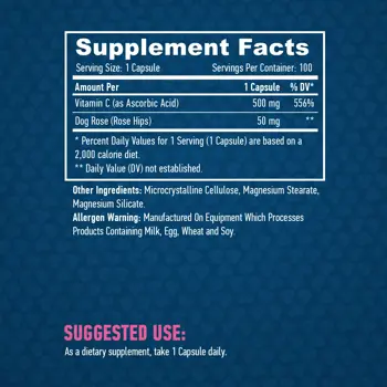 HAYA LABS Vitamin C with Rose Hips 500 мг Витамин С и Екстракт от Шипки - 100 капсули, 100 дози