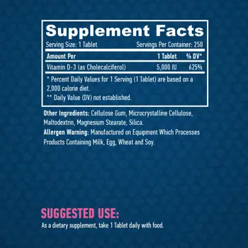 HAYA LABS Vitamin D3 5000 IU Bитaмин D-3 - 250 таблетки, 250 дози