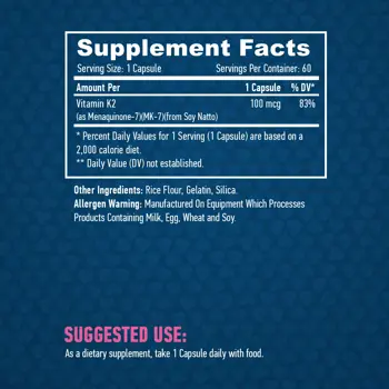 HAYA LABS Vitamin K2-Mk7 100 мкг Витамин К2 - 60 капсули, 60 дози