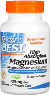 Doctor's Best High Absorption 100% Chelated Magnesium Glycinate 105 mg Магнезиев бисглицинат