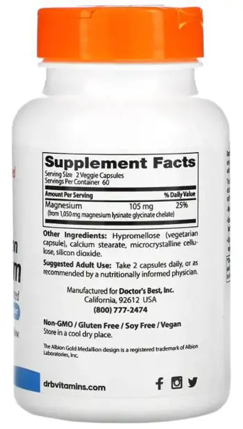 Doctor's Best High Absorption 100% Chelated Magnesium Glycinate 105 mg Магнезиев бисглицинат