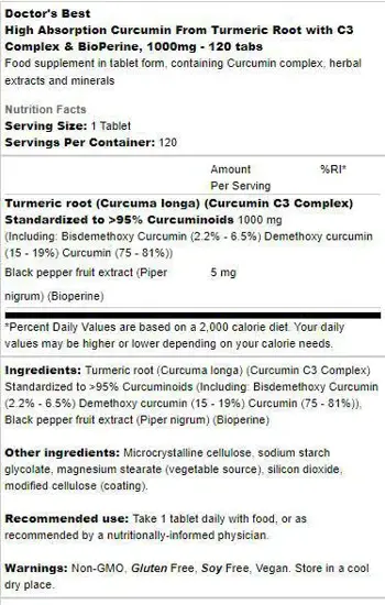 Doctor's Best High Absorption Curcumin 1000 mg With C3 Complex & BioPerine