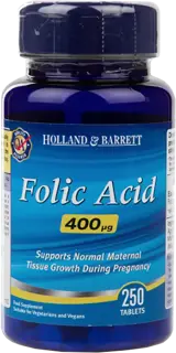 Holland And Barrett Folic Acid 400 mcg Фолиева киселина за клетъчен растеж и бременност х 250 Таблетки