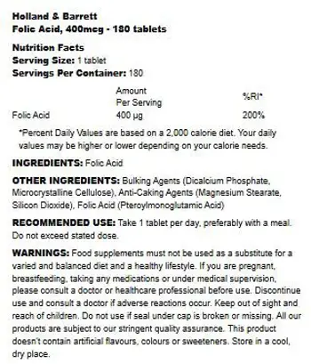Holland And Barrett Folic Acid 400 mcg Фолиева киселина за клетъчен растеж и бременност х 250 Таблетки