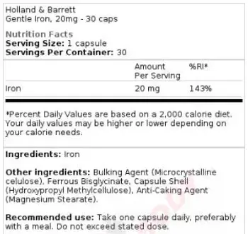 Holland And Barrett Gentle Iron 20 mg Нежно желязо за енергия и възстановяване х 30 капсули