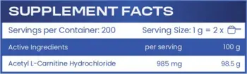 HS LABS ACETYL L-CARNITINE POWDER Ацетил L-Карнитин на Прах - 200 грама, 200 дози