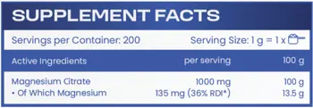 HS LABS MAGNESIUM CITRATE 1000 мг Магнезий Цитрат - 200 грама, 200 дози