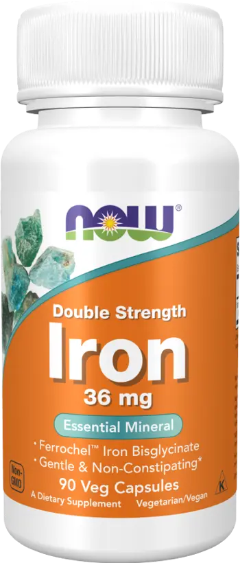 NOW Foods Iron 36 мг Double Strength Ferrochel Iron Bisglycinate Желязо - 90 веге капсули, 90 дози