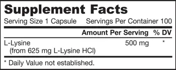 Jarrow Formulas L-Lysine 500 mg Есенциална аминокиселина за протеинов метаболизъм х 100 капсули