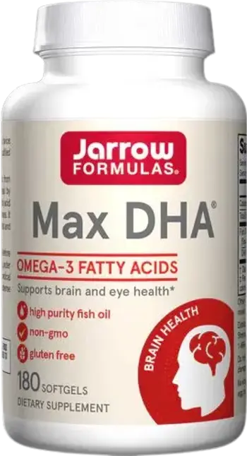 Jarrow Formulas Max DHA Висококонцентрирани Омега-3 за мозъчно и зрително здраве х 180 Гел капсули