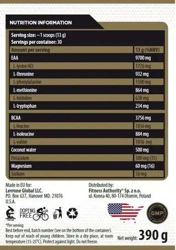 Kevin Levrone Gold EAAmino Essential Amino Acids + Electrolytes EAA Аминокиселини + Електролити  - 390 грама, 30 дози
