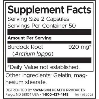 Корен от Репей Swanson - 100 капсули, 50 дози от 920 мг