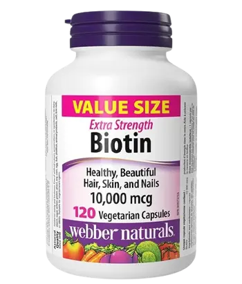 Коса, Кожа и Нокти Биотин Webber Naturals Biotin Extra Strength 10000 мкг - 120 веге капсули, 120 дози