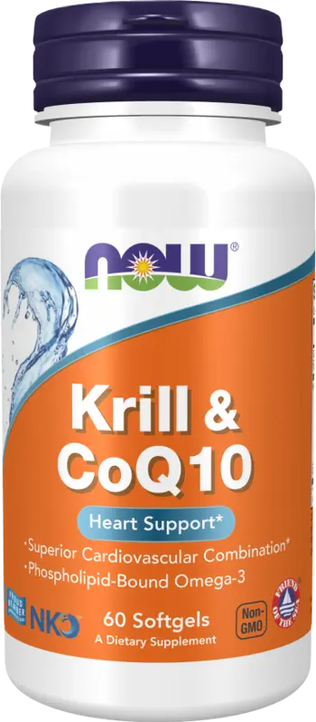 NOW Foods Krill & CoQ10 Superior Cardiovascular Combination Крилово Масло + Коензим Q10 - 60 гел капсули, 30 дози