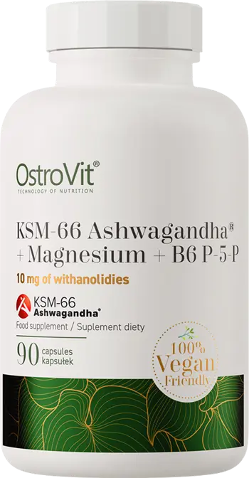 OstroVit KSM-66 Ashwagandha® + Magnesium + B6 P-5-P Ашваганда KSM-66 + Магнезий + Витамин B6 - 90 капсули, 45 дози