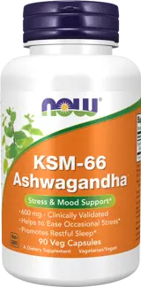 NOW Foods KSM-66 Ashwagandha® 600 мг Ашваганда KSM-66 - 90 веге капсули, 90 дози