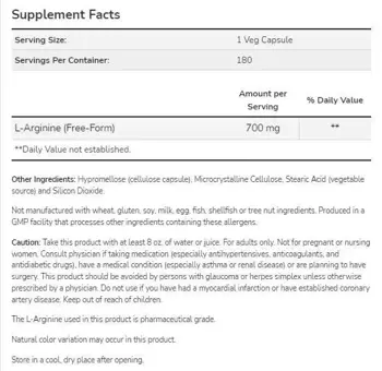 NOW Foods L-Arginine 700 мг L-Аргинин - 180 веге капсули, 180 дози