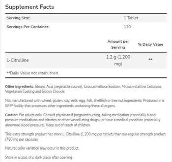 NOW Sports L-Citrulline 1200 mg Extra Strength За мускулно напомпване и издръжливост х 120 Таблетки