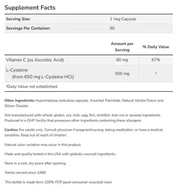 NOW Foods L-Cysteine 500 мг L-Цистеин - 90 веге капсули, 90 дози