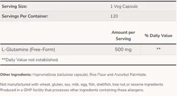 NOW Foods L-Glutamine 500 мг Глутамин - 120 веге капсули, 120 дози