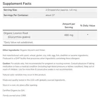 NOW Foods Licorice Root Glycerite Drops Certified Organic Корен от Женско Биле - 59 мл, 37 дози