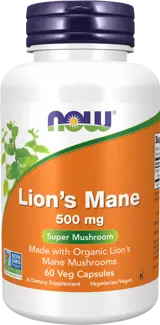 NOW Foods Lion's Mane 500 мг Made with Organic Lion's Mane Mushrooms Гъба Лъвска Грива - 60 веге капсули, 30 дози