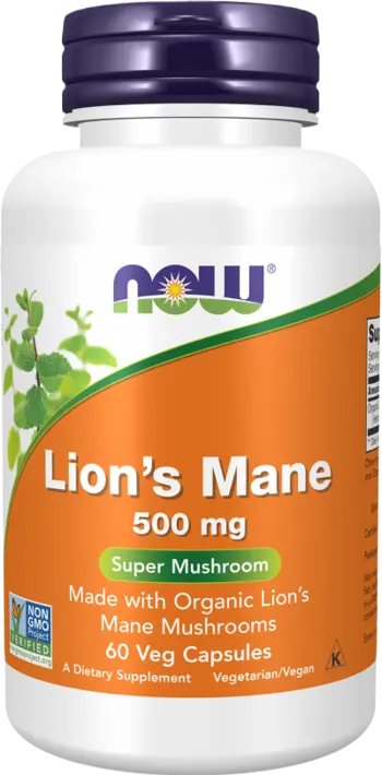 NOW Foods Lion's Mane 500 мг Made with Organic Lion's Mane Mushrooms Гъба Лъвска Грива - 60 веге капсули, 30 дози