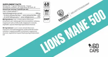 SWEDISH Supplements Lion's Mane 500 - 60 капсули, 60 дози