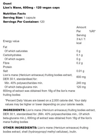 Osavi Lion's Mane 600 mg Екстракт от Лъвска грива за мозъчна функция и настроение х 120 веге капсули