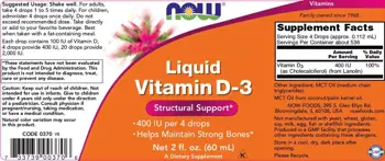 NOW Foods Liquid Vitamin D-3 100 IU per drop Витамин D на Капки Спрей - 60 мл, 527 дози