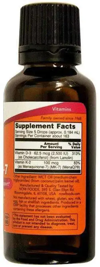 NOW Foods Liquid Vitamin D-3 + MK-7 K2 Drops За здрави кости и сърце