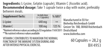 Bioherba L-Lysine 400 mg Есенциална аминокиселина за възстановяване и имунитет х 60 капсули