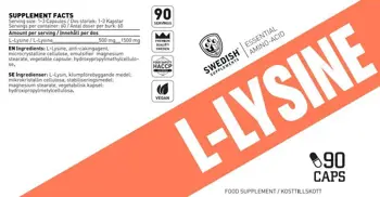 SWEDISH Supplements L-Lysine 500 мг Лизин - 90 капсули, 90 дози