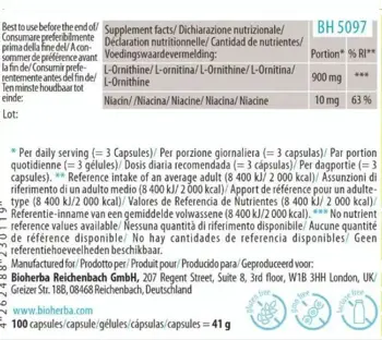Bioherba L-Ornithine 300 mg Л-Орнитин за детоксикация и енергия х 100 капсули