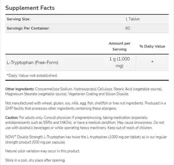 NOW Foods L-Tryptophan 1000 мг Double Strength L-Триптофан - 60 таблетки, 60 дози