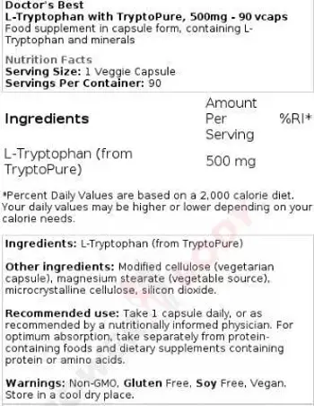 Doctor's Best L-Tryptophan 500 mg With TryptoPure За спокоен сън и добро настроение