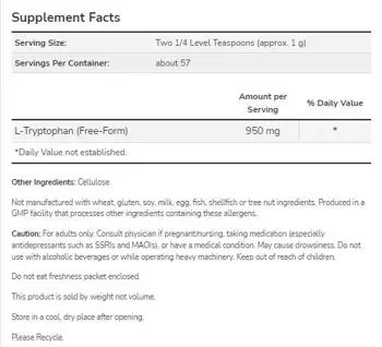 NOW Foods L-Tryptophan Powder L-Триптофан на Прах - 57 грама, 57 дози
