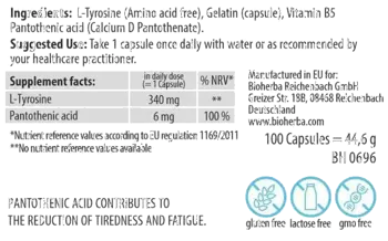 Bioherba L-Tyrosine 340 mg С Пантотенова киселина за фокус и енергия х 100 капсули