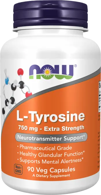 NOW Foods L-Tyrosine 750 мг Extra Strength L-Тирозин - 90 веге капсули, 90 дози