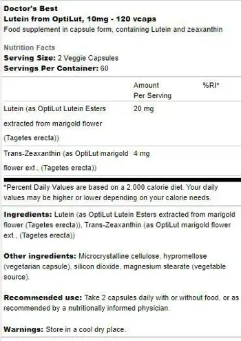 Doctor's Best Lutein 10 mg From OptiLut За здраве на очите и зрението х 120 капсули