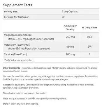NOW Foods Magnesium & Potassium Aspartate Магнезиев и Калиев Аспартат + Таурин - 120 веге капсули, 60 дози