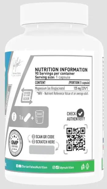 Dorian Yates Nutrition Magnesium Bisglycinate 125 мг Glycinate Магнезиев Бисглицинат - 90 капсули, 90 дози